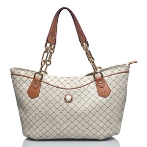 Rioni Signature Trendy Traveler's Tote Bag Cream Brown R Logo Mira Chain Handles